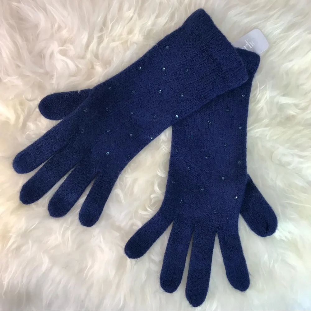 NWT Embellished Navy Blue Knit Gloves One size 1 Pair NEW WITH TAGS